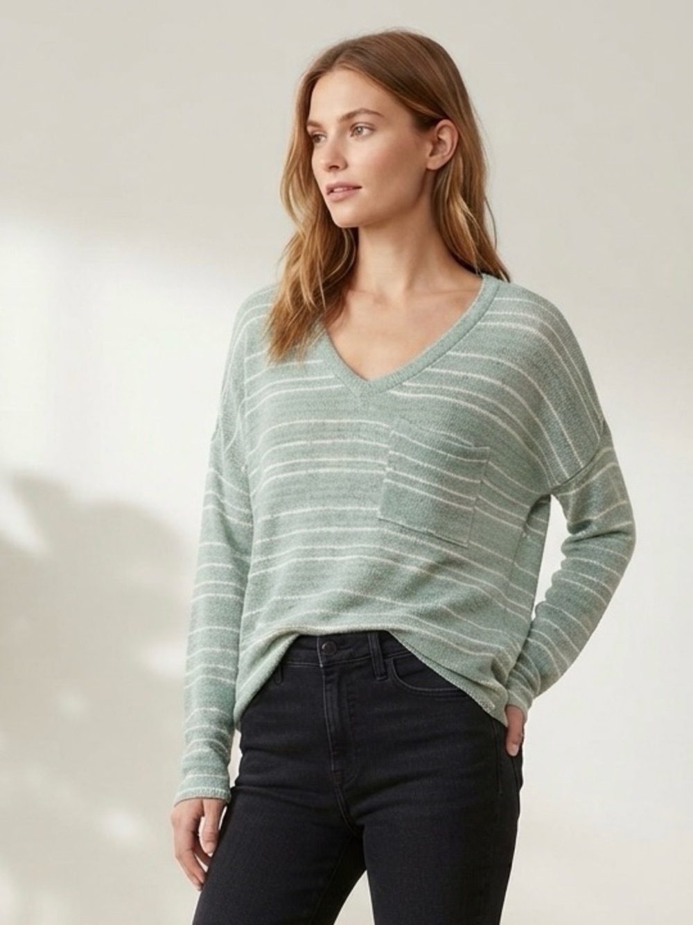 Everly Green & White Striped V-Neck Sweater (Medium & Large Options)
